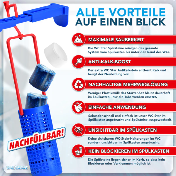 WC-Star Spülkasten-Hygiene-Set für Sauberkeit & Frische vom Spülkasten bis ins WC | WC-Reiniger-Set mit Aktiv-Frische & Antikalk-Boost WC-Star Nachfüll-Set 8x Spülkasten-Tab (à 50 g), 4x Antikalk-Tab (25 g)