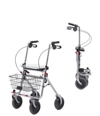 Rollator SENIO mit Tablett, Korb, Sitz und Stockhalter, PU, silber>>>>